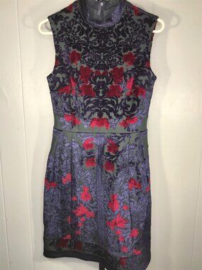 Y2K Yigal Azrouel Sleeveless Floral Sheath textured Purple Red Rose Dress sz 10
